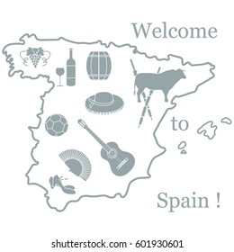 Vector illustration with various symbols of Spain. Travel and leisure. Design for banner, poster or print.