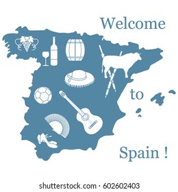 Vector illustration with various symbols of Spain. Travel and leisure. Design for banner, poster or print.