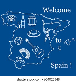 Vector illustration with various symbols of Spain. Travel and leisure. Design for banner, poster or print.