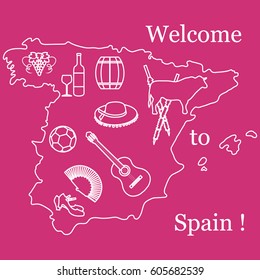 Vector illustration with various symbols of Spain. Travel and leisure. Design for banner, poster or print.