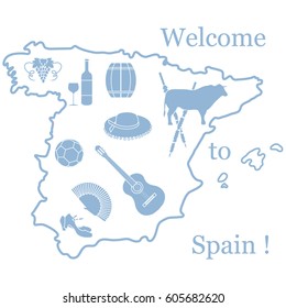 Vector illustration with various symbols of Spain. Travel and leisure. Design for banner, poster or print.