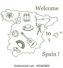 Vector illustration with various symbols of Spain. Travel and leisure. Design for banner, poster or print.