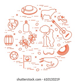 Vector illustration with various symbols of Spain arranged in a circle. Travel and leisure. Design for banner, poster or print.