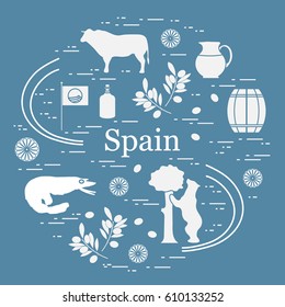 Vector illustration with various symbols of Spain arranged in a circle. Travel and leisure. Design for banner, poster or print.
