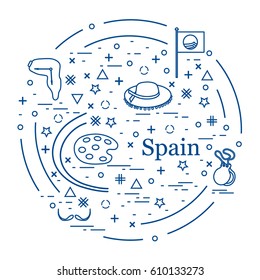 Vector illustration with various symbols of Spain arranged in a circle. Travel and leisure. Design for banner, poster or print.