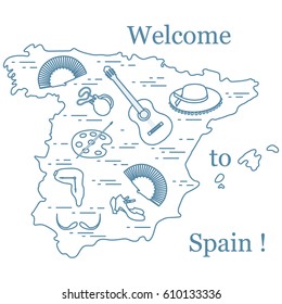 Vector illustration with various symbols of Spain arranged in a circle. Travel and leisure. Design for banner, poster or print.