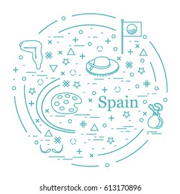 Vector illustration with various symbols of Spain arranged in a circle. Travel and leisure. Design for banner, poster or print.