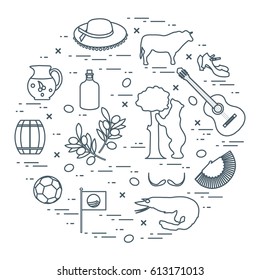 Vector illustration with various symbols of Spain arranged in a circle. Travel and leisure. Design for banner, poster or print.
