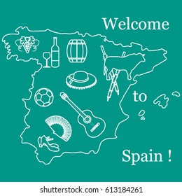 Vector illustration with various symbols of Spain. Travel and leisure. Design for banner, poster or print.