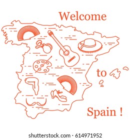 Vector illustration with various symbols of Spain arranged in a circle. Travel and leisure. Design for banner, poster or print.