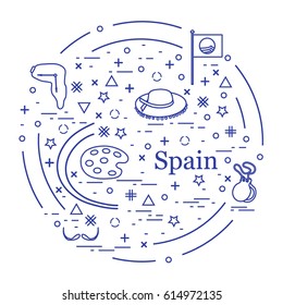 Vector illustration with various symbols of Spain arranged in a circle. Travel and leisure. Design for banner, poster or print.