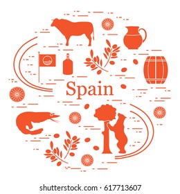Vector illustration with various symbols of Spain arranged in a circle. Travel and leisure. Design for banner, poster or print.