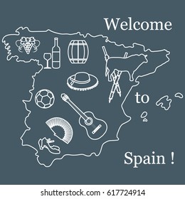 Vector illustration with various symbols of Spain. Travel and leisure. Design for banner, poster or print.