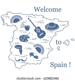 Vector illustration with various symbols of Spain arranged in a circle. Travel and leisure. Design for banner, poster or print.