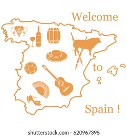 Vector illustration with various symbols of Spain. Travel and leisure. Design for banner, poster or print.
