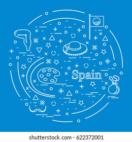 Vector illustration with various symbols of Spain arranged in a circle. Travel and leisure. Design for banner, poster or print.