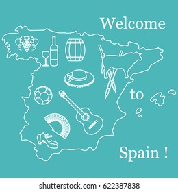 Vector illustration with various symbols of Spain. Travel and leisure. Design for banner, poster or print.