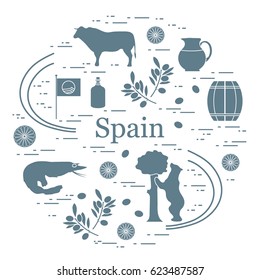 Vector illustration with various symbols of Spain arranged in a circle. Travel and leisure. Design for banner, poster or print.