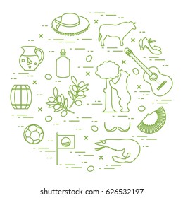 Vector illustration with various symbols of Spain arranged in a circle. Travel and leisure. Design for banner, poster or print.