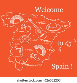 Vector illustration with various symbols of Spain arranged in a circle. Travel and leisure. Design for banner, poster or print.