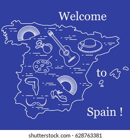 Vector illustration with various symbols of Spain arranged in a circle. Travel and leisure. Design for banner, poster or print.