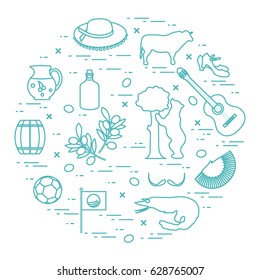 Vector illustration with various symbols of Spain arranged in a circle. Travel and leisure. Design for banner, poster or print.