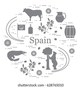 Vector illustration with various symbols of Spain arranged in a circle. Travel and leisure. Design for banner, poster or print.