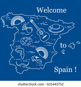 Vector illustration with various symbols of Spain arranged in a circle. Travel and leisure. Design for banner, poster or print.