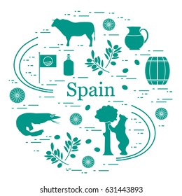 Vector illustration with various symbols of Spain arranged in a circle. Travel and leisure. Design for banner, poster or print.