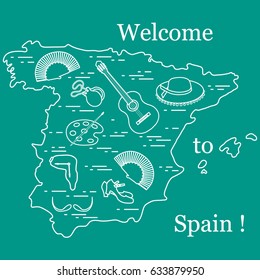 Vector illustration with various symbols of Spain arranged in a circle. Travel and leisure. Design for banner, poster or print.
