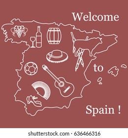 Vector illustration with various symbols of Spain. Travel and leisure. Design for banner, poster or print.