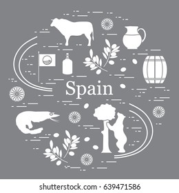 Vector illustration with various symbols of Spain arranged in a circle. Travel and leisure. Design for banner, poster or print.