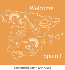 Vector illustration with various symbols of Spain arranged in a circle. Travel and leisure. Design for banner, poster or print.