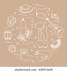 Vector illustration with various symbols of Spain arranged in a circle. Travel and leisure. Design for banner, poster or print.