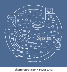 Vector illustration with various symbols of Spain arranged in a circle. Travel and leisure. Design for banner, poster or print.