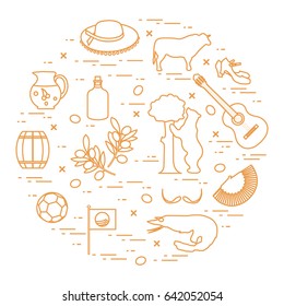 Vector illustration with various symbols of Spain arranged in a circle. Travel and leisure. Design for banner, poster or print.
