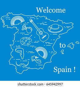 Vector illustration with various symbols of Spain arranged in a circle. Travel and leisure. Design for banner, poster or print.