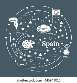 Vector illustration with various symbols of Spain arranged in a circle. Travel and leisure. Design for banner, poster or print.