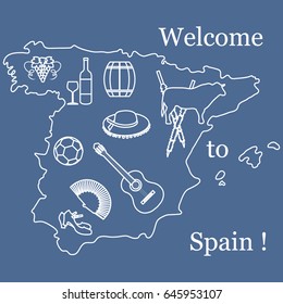 Vector illustration with various symbols of Spain. Travel and leisure. Design for banner, poster or print.