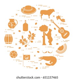 Vector illustration with various symbols of Spain arranged in a circle. Travel and leisure. Design for banner, poster or print.