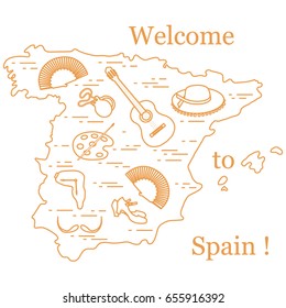 Vector illustration with various symbols of Spain arranged in a circle. Travel and leisure. Design for banner, poster or print.