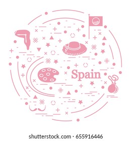Vector illustration with various symbols of Spain arranged in a circle. Travel and leisure. Design for banner, poster or print.