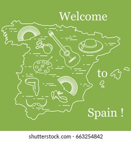 Vector illustration with various symbols of Spain arranged in a circle. Travel and leisure. Design for banner, poster or print.