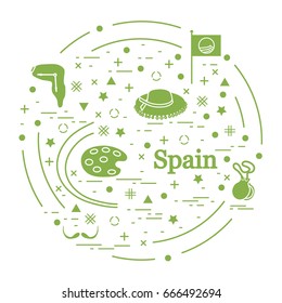 Vector illustration with various symbols of Spain arranged in a circle. Travel and leisure. Design for banner, poster or print.