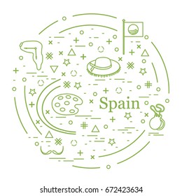 Vector illustration with various symbols of Spain arranged in a circle. Travel and leisure. Design for banner, poster or print.