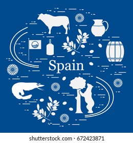 Vector illustration with various symbols of Spain arranged in a circle. Travel and leisure. Design for banner, poster or print.