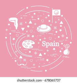 Vector illustration with various symbols of Spain arranged in a circle. Travel and leisure. Design for banner, poster or print.