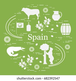 Vector illustration with various symbols of Spain arranged in a circle. Travel and leisure. Design for banner, poster or print.