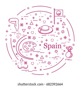 Vector illustration with various symbols of Spain arranged in a circle. Travel and leisure. Design for banner, poster or print.