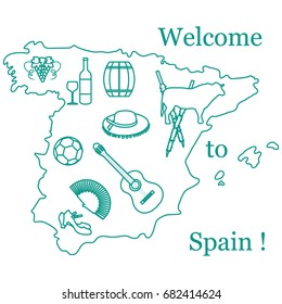 Vector illustration with various symbols of Spain. Travel and leisure. Design for banner, poster or print.